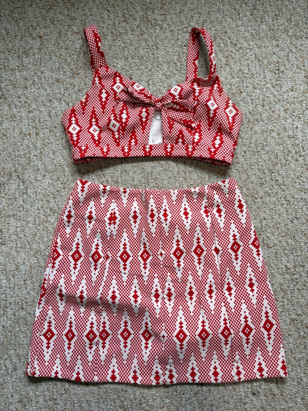 Red & White Two-Piece Crop Top and Skirt Set